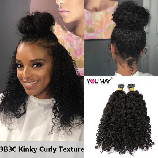 3B3C Kinky Curly Tip Hair Extensions - 100% Mongolian Human Hair