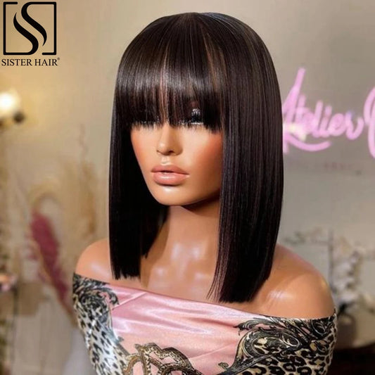 Brazilian Straight Bob Wig with Bangs - Human Hair Remy (Black), No Lace, 8-16 Inches